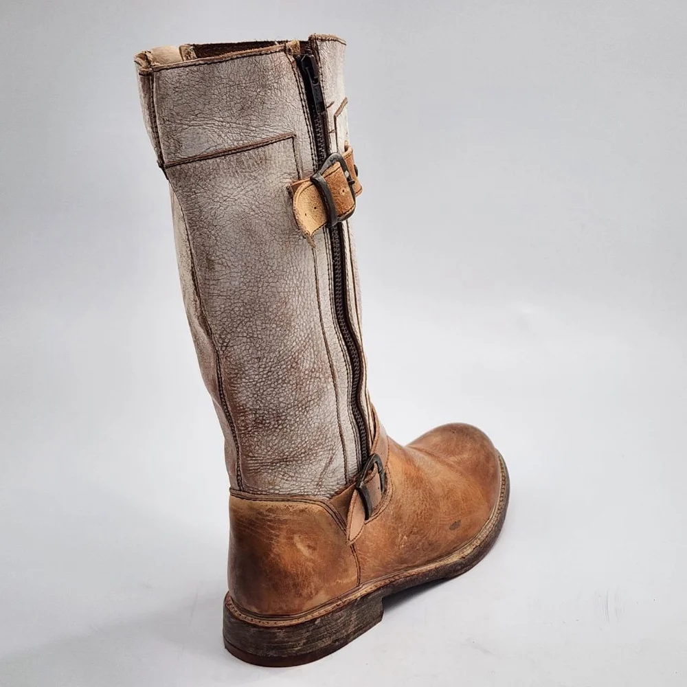 BED‎ STU NIB Gogo Distressed Leather Mid-Calf Boots 8.5 Brown White
